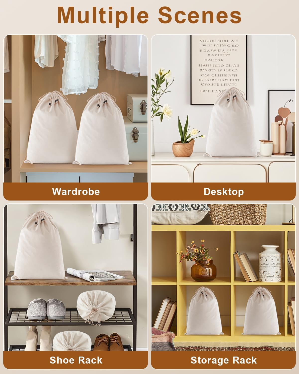 FantasyLife Shoe Bags for Travel, 4 PCS Washable Dust Bags for Storage & Packing, Flannel Shoe Pouch with Drawstring Closure for Purses, Handbags, Shoes & Toys (Beige)