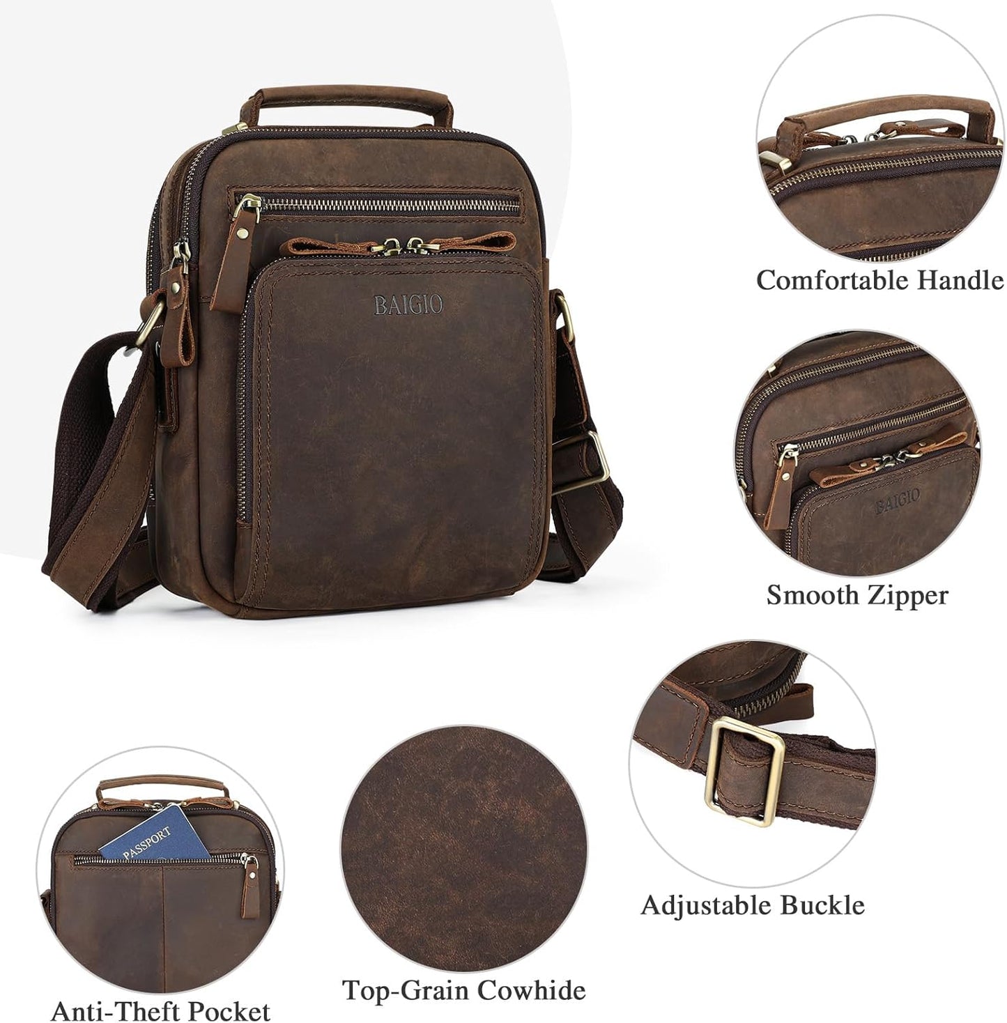 BAIGIO Small Leather Messenger Bag for Men Shoulder Bag Crossbody Vintage Handbag Man Purse for Ipad Travel Bussiness