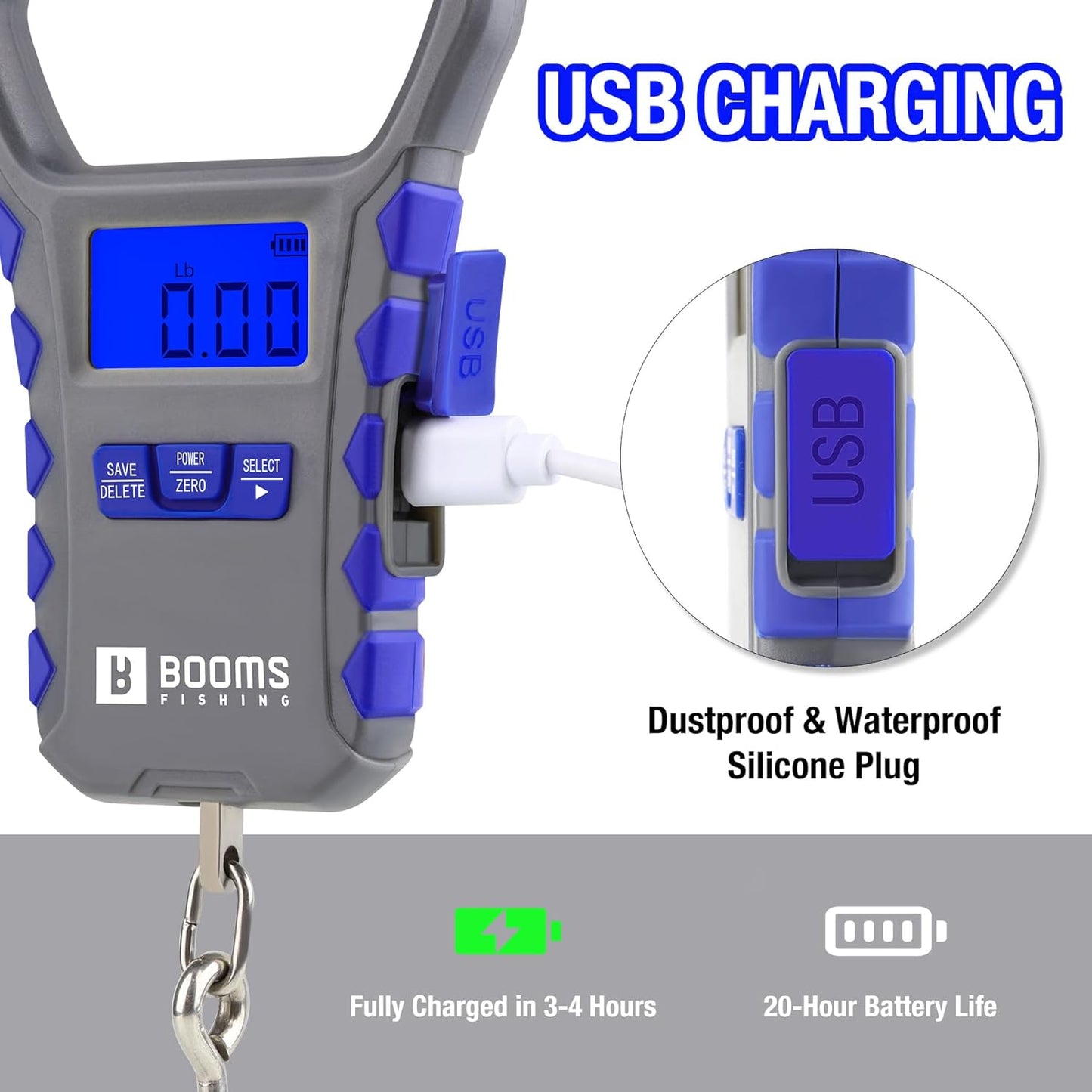 Booms Fishing Digital Fish Scale: USB Charging Fish Weigher 65lb Capacity - Waterproof Luggage Scale, LCD Display, Ergonomic Handle, Potrable Multi-use Fishing Accessories, Gray&Blue, XW50