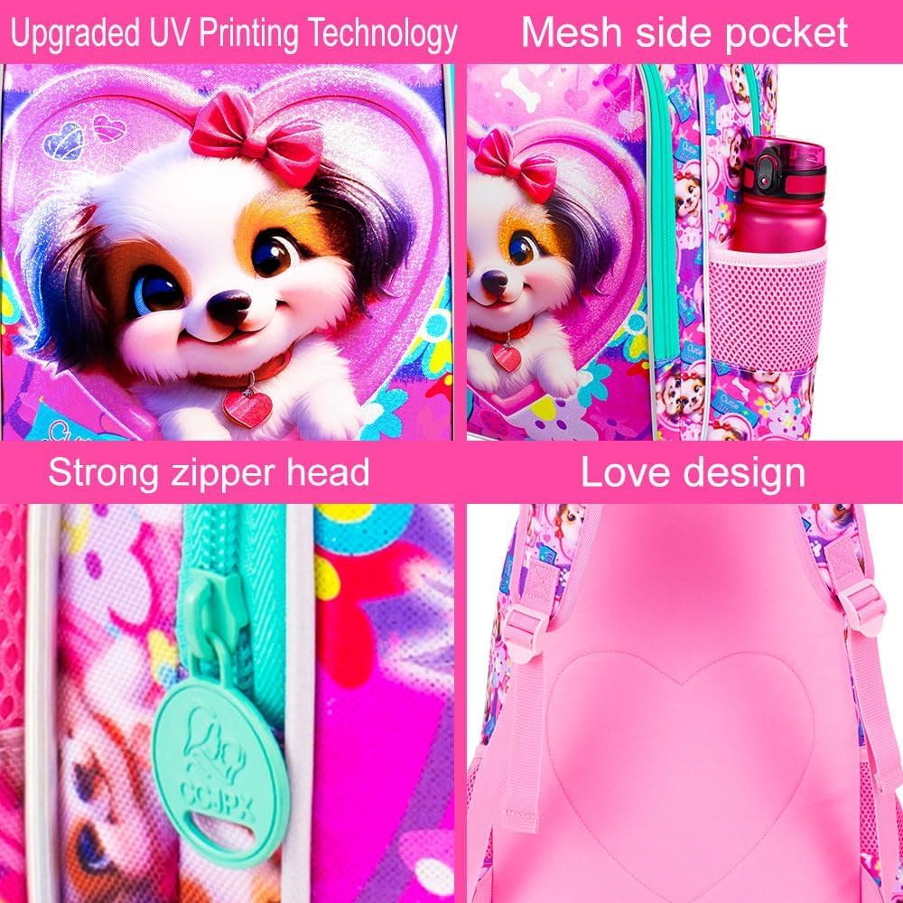 3PCS Girls Backpack, Kids Water Resistant Heart Bookbag Set with Lunch Box, Cute Kids School Bag for Preschool Toddler
