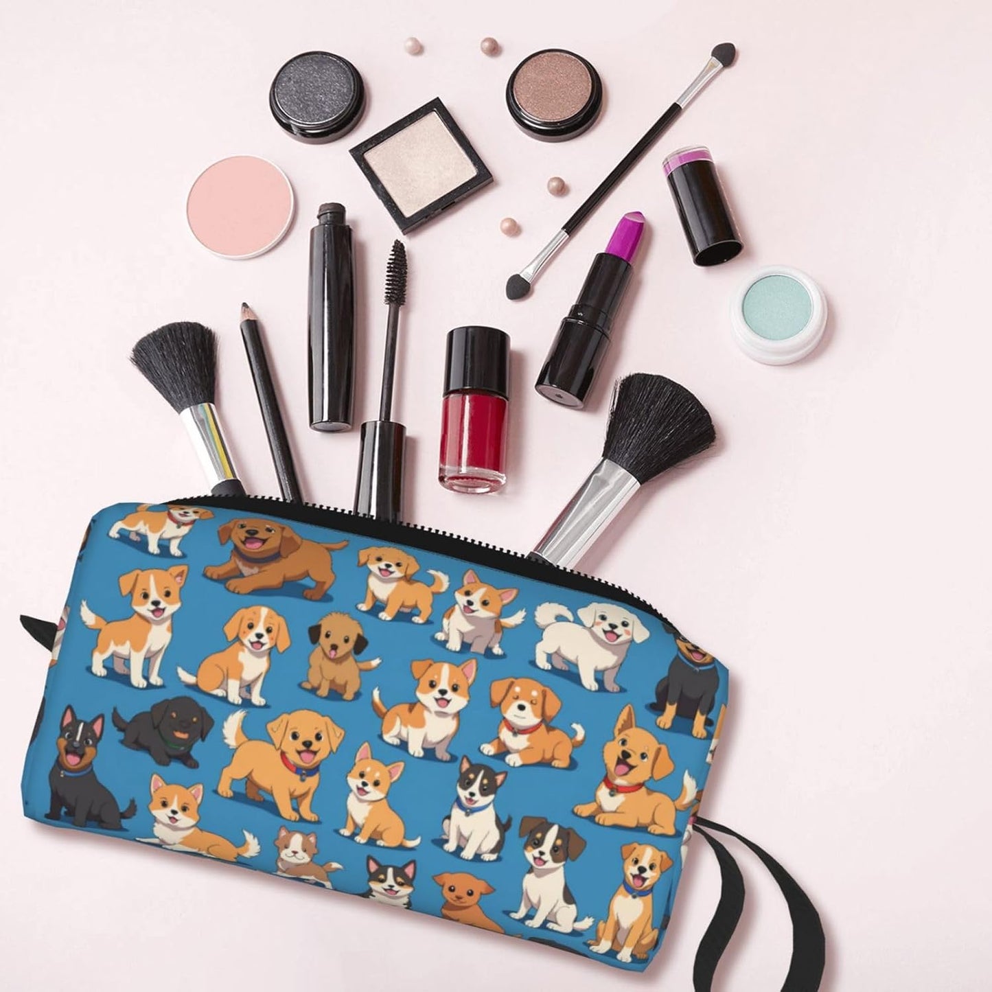 Adorable Dogs Makeup Bag Small Compact & Durable Puppy Travel Cosmetic Bag Organizer Oxford Fabric Multi-Purpose Storage Perfect for Travel, Gym, Daily Use