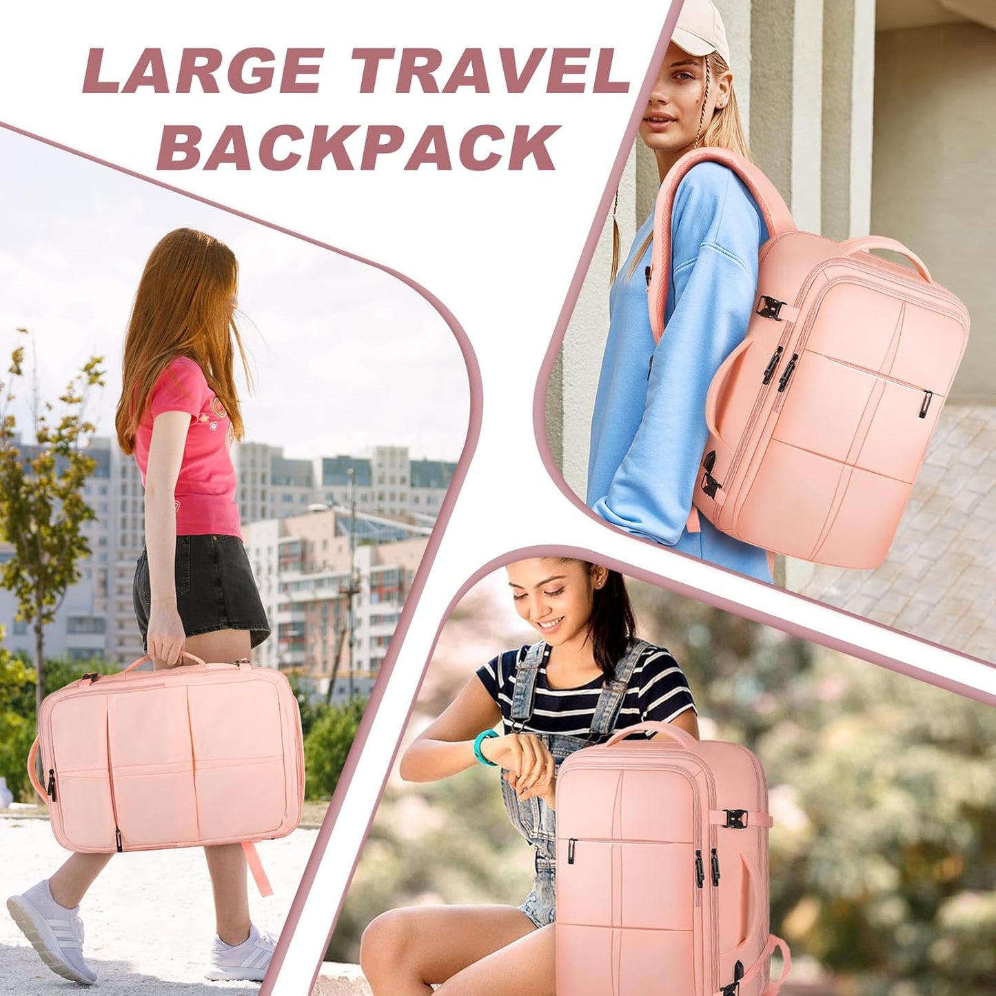 Travel Backpack, 55L Carry On Backpack for Men Women Flight Approved, Expandable Large Luggage Bag Daypack Water Resistant Overnight Business Weekender Bag, Fits 18.4 Inch Laptops, Pink