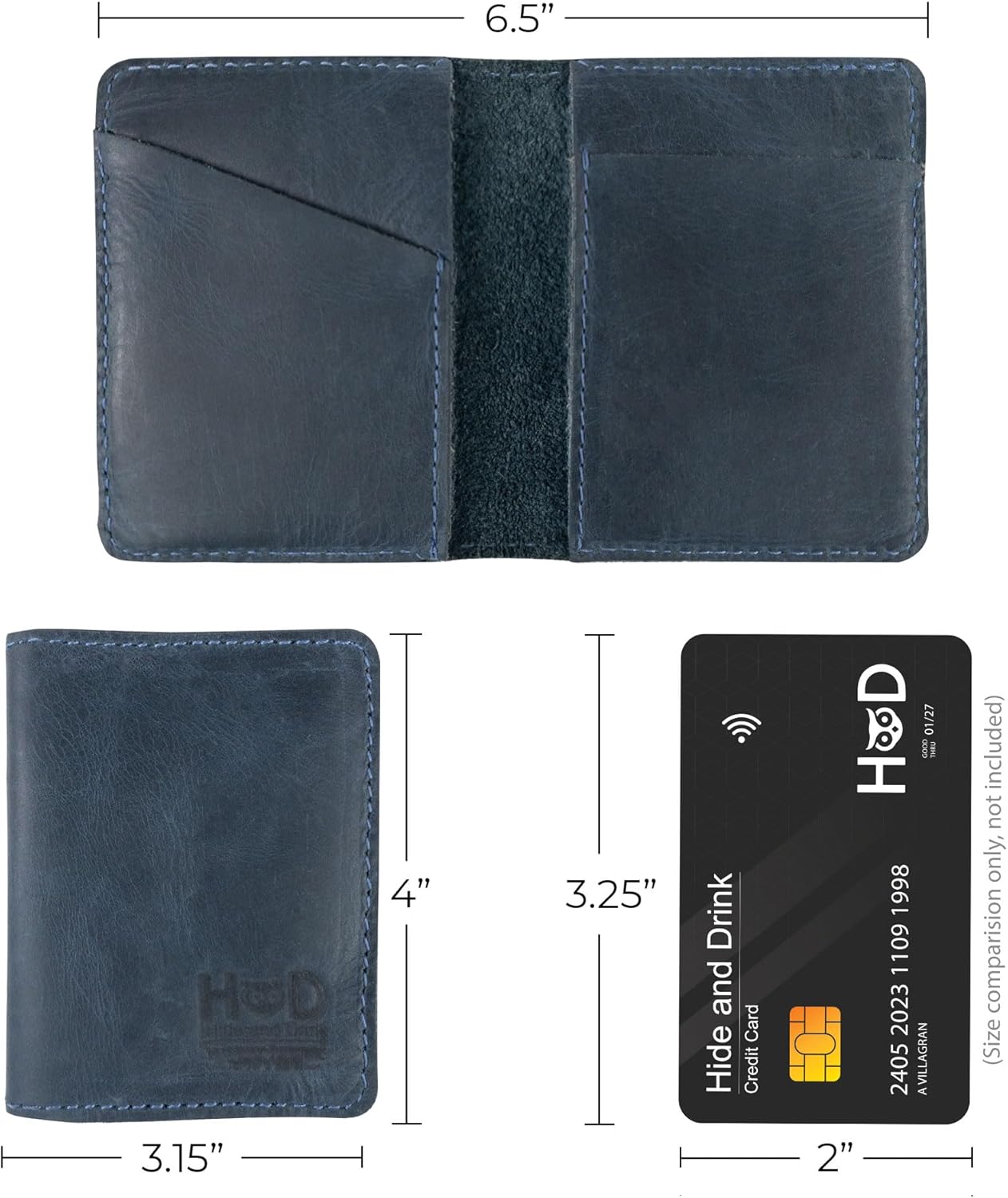 Hide & Drink, Bifold Wallet, Slim Card Holder, Minimalist Traveler Wallet, Vintage Front Pocket Wallet, Full Grain Leather, Handmade, Slate Blue
