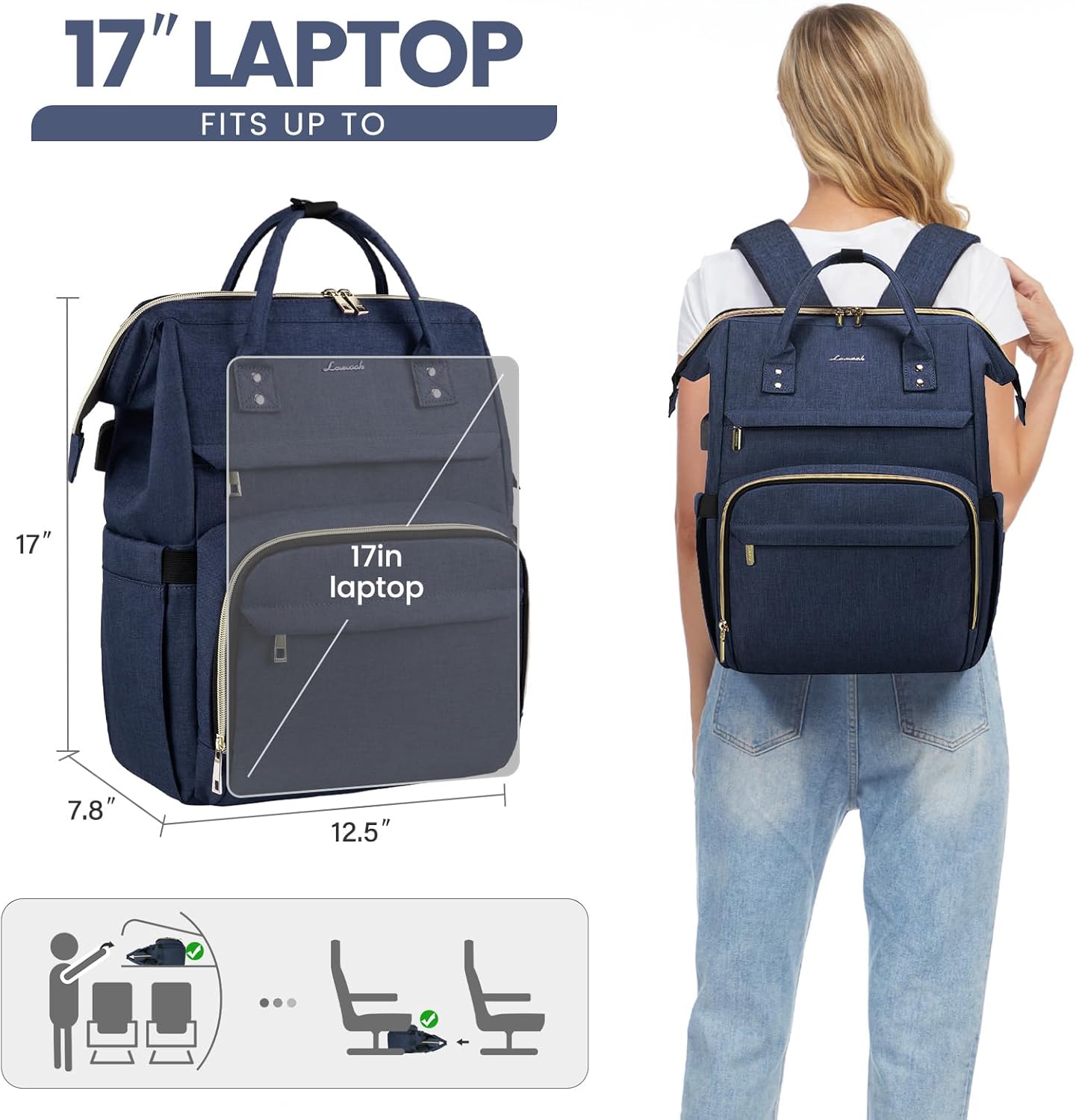 LOVEVOOK Laptop Backpack for Women,17 Inch Professional Womens Travel Backpack Purse Computer Laptop Bag Nurse Teacher Backpack,Waterproof College Work Bags Carry on Back Pack with USB Port,Dark Blue