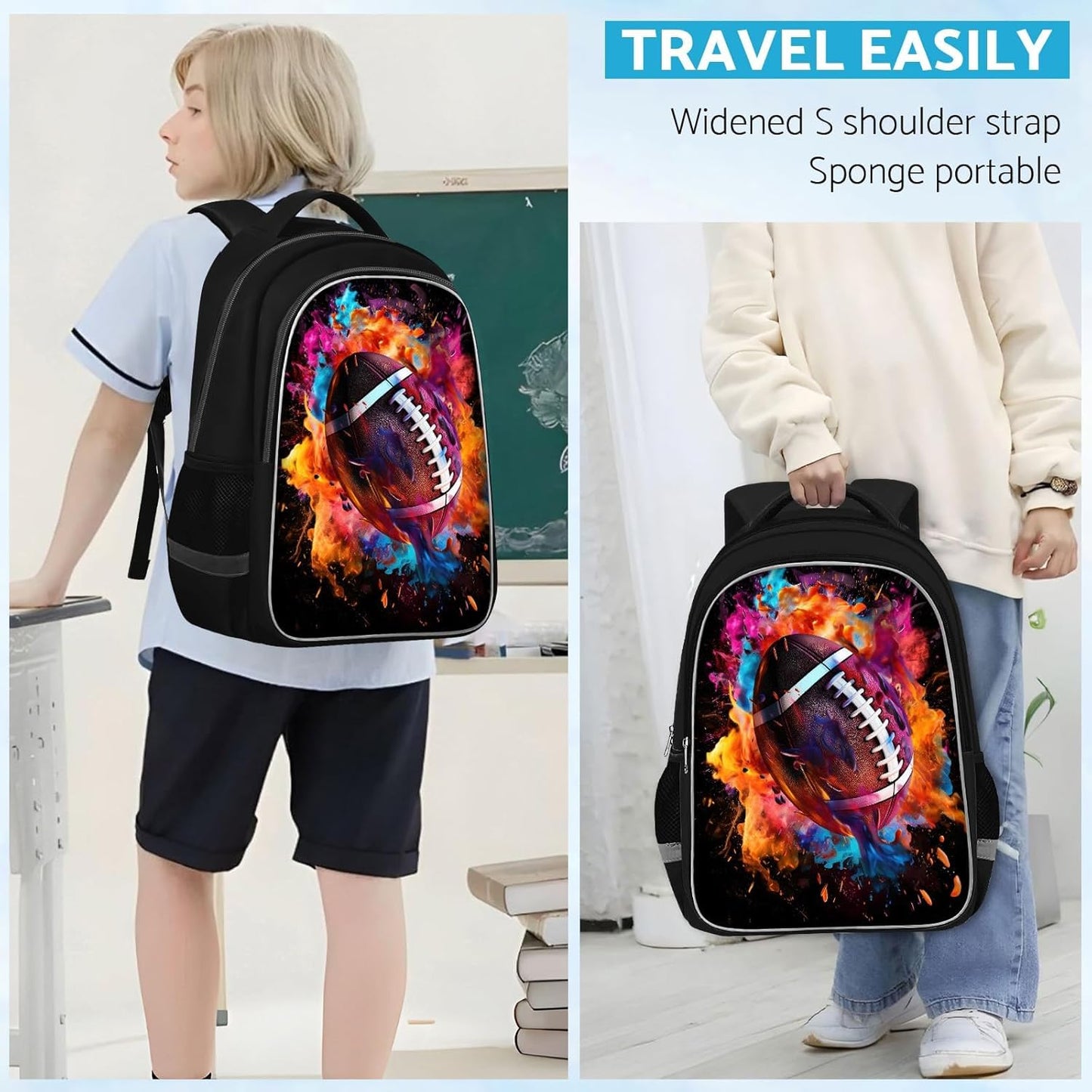School Backpack for Boys - American Football Boys Backpack for Kids Children Teens Elementary Middle School - Students Bag for Ages 6-18,17″Bookbag Multifunctional Large Capacity