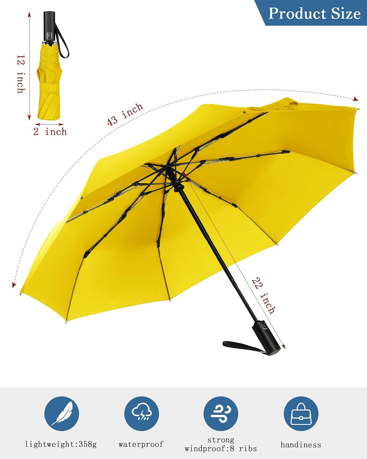 Windproof Travel Umbrella, Automatic Folding Compact Lightweight Umbrella for Women & Men, Durable and Portable, Fits Easily in Purse or Backpack