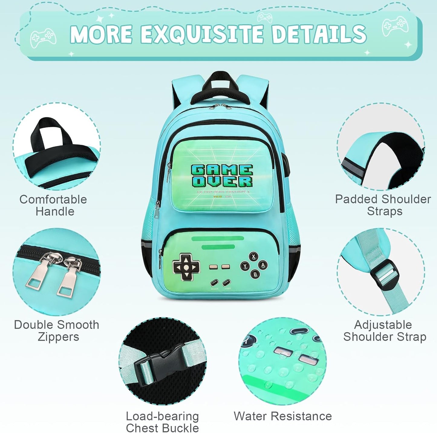 Gamer Backpack for Boys - Luminous School Backpack with Lunch Bag & Pencil Case - Boys' Elementary & Middle School Backpack with USB Charging Port (Green)