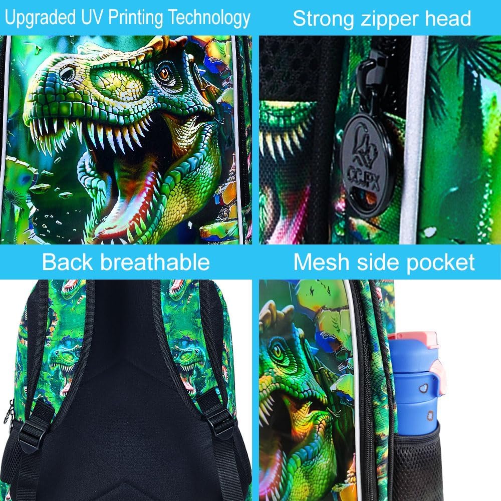 Dinosaur Backpack, 16" Boys Kids Bookbag with Lunch Box, 3Pcs Dino School Backpacks for Elementary Preschool Kindergarten (Green)