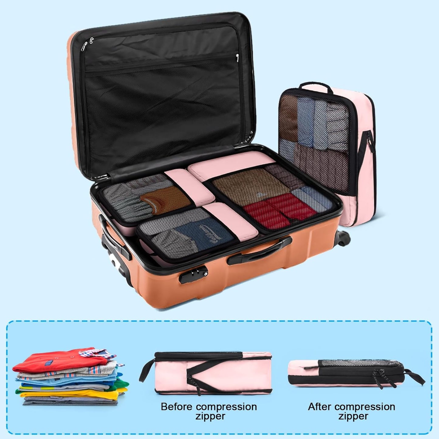 4 PCS Set Compression Packing Cubes for Travel, Lightweight Packaging Organizer Bags for Carry On