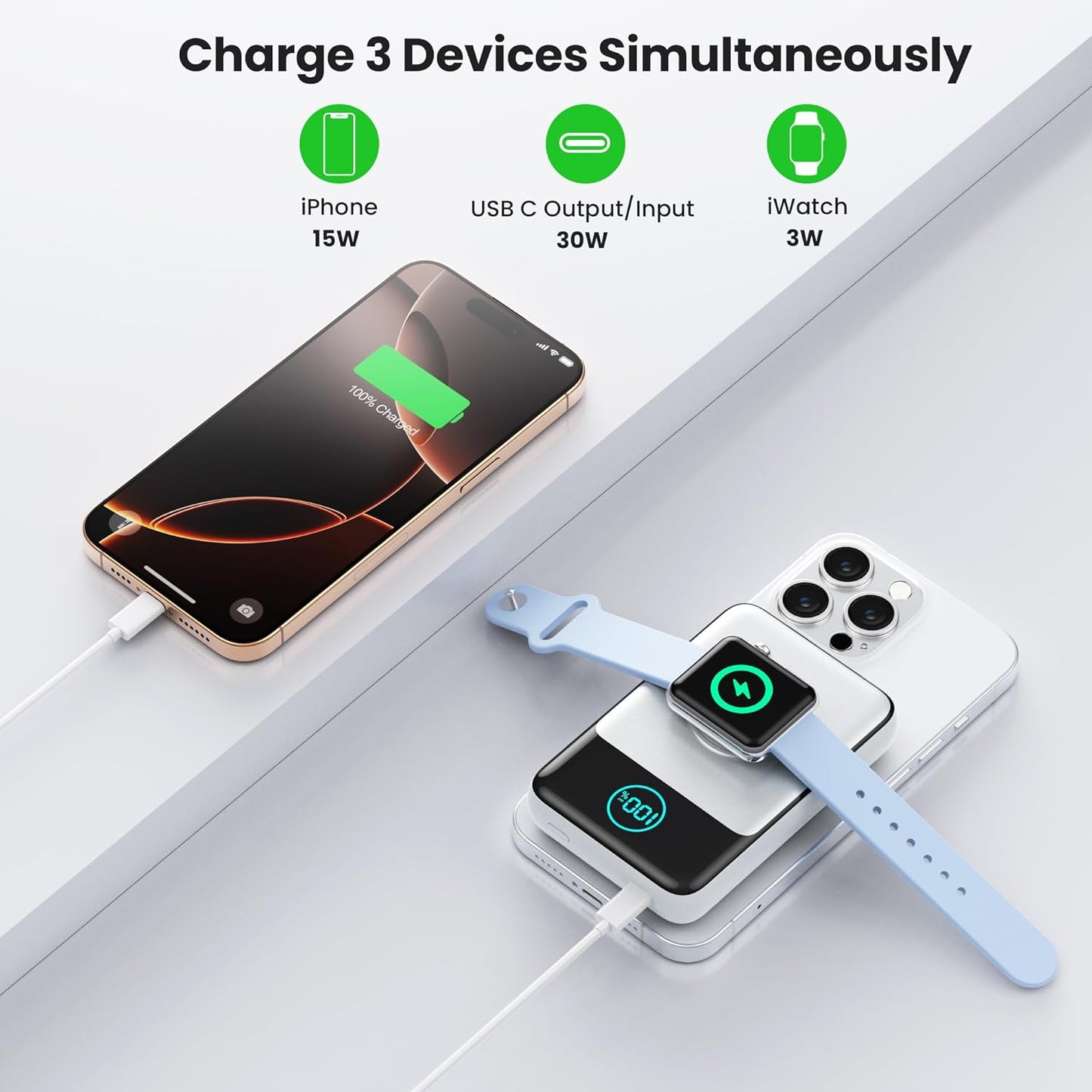 Magnetic Portable Charger for iPhone, 10800mAh Qi2 15W Wireless Power Bank with iWatch Charger,30W PD Fast Charging USB-C Travel Essentials Battery Pack for Magsafe,iPhone 17/16/15/14/13, Apple Watch