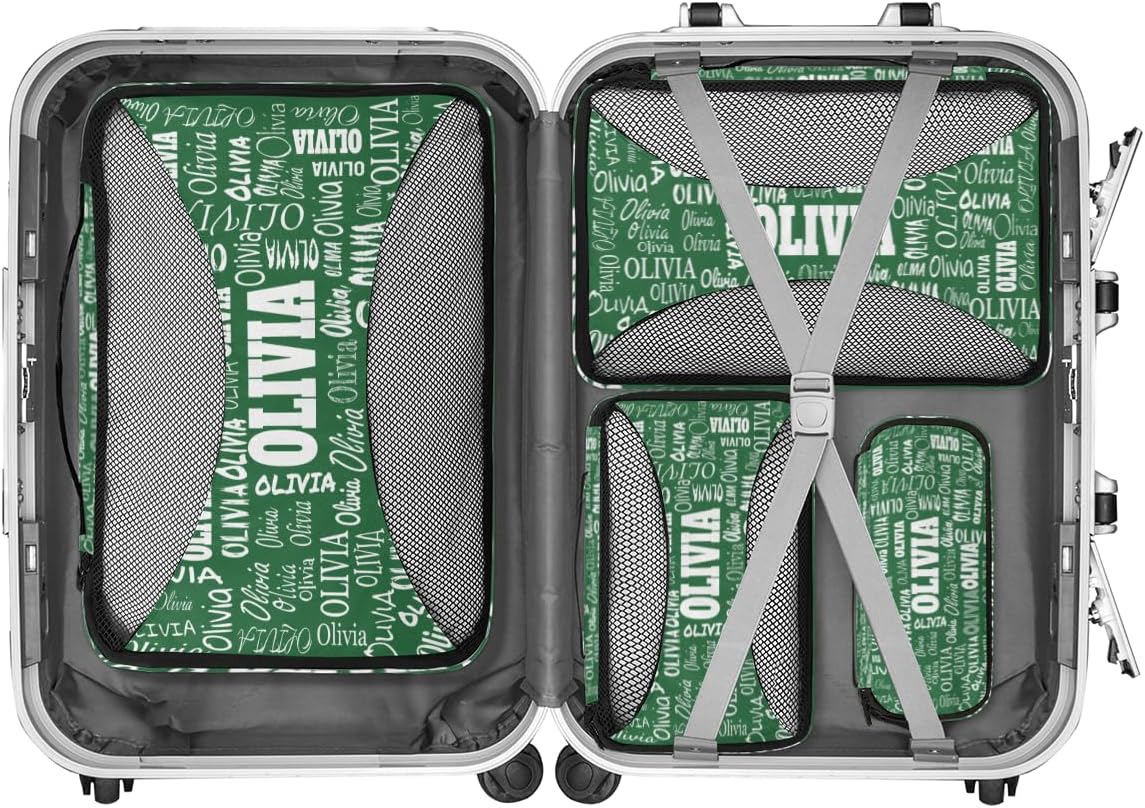 Personalized Compression Packing Cubes with Name, 4 Set Mesh Travel Organizer Bags for Carry on Women Men Boys, Luggage, Suitcase, Forest Green Solid Color