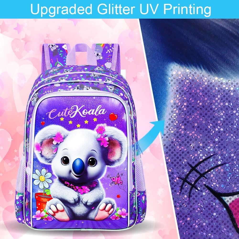 CCJPX 3PCS Backpack for Girls, 16" Koala Preschool Bookbag with Lunch Box,Kids Water Resistant School Backpacks for Elementary Kindergarten