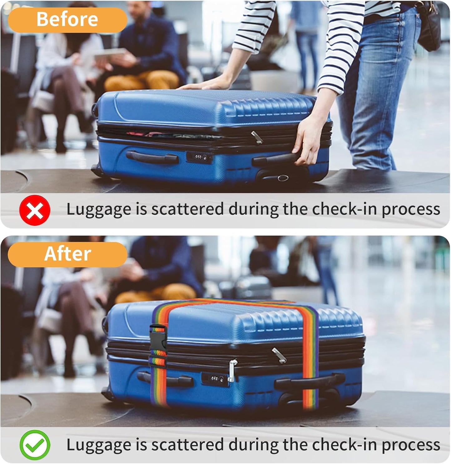 BILIONE 4 Pack Luggage Straps 79" Long Belts Keep Suitcase Secure While Traveling, TSA Approved Add a Bag Premium Accessory for Travel Bag Closure (2PCS Yellow + 2PCS Black)