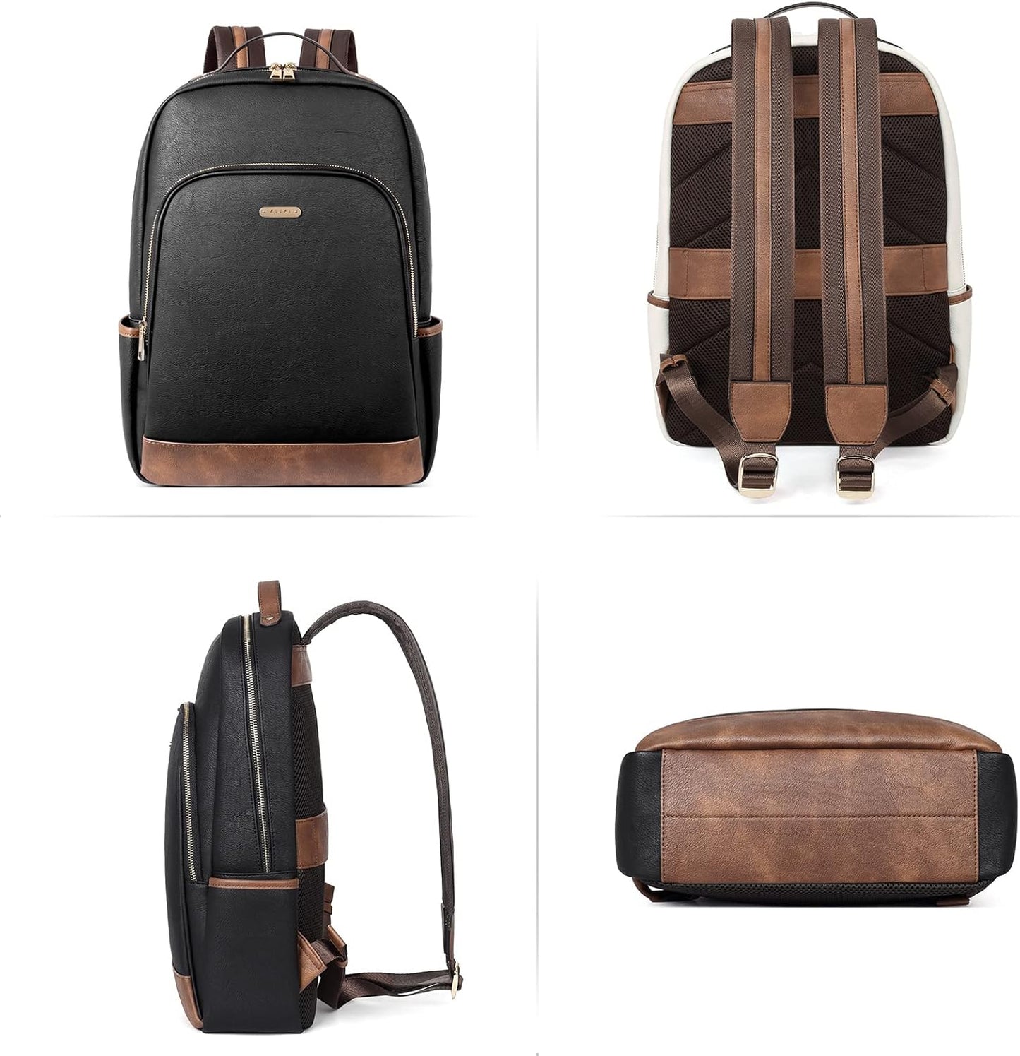 CLUCI Leather Backpack for Women 15.6 inch Laptop Backpack Purse Computer Backpack for Travel Airplane Casual Daypack Beige with Brown