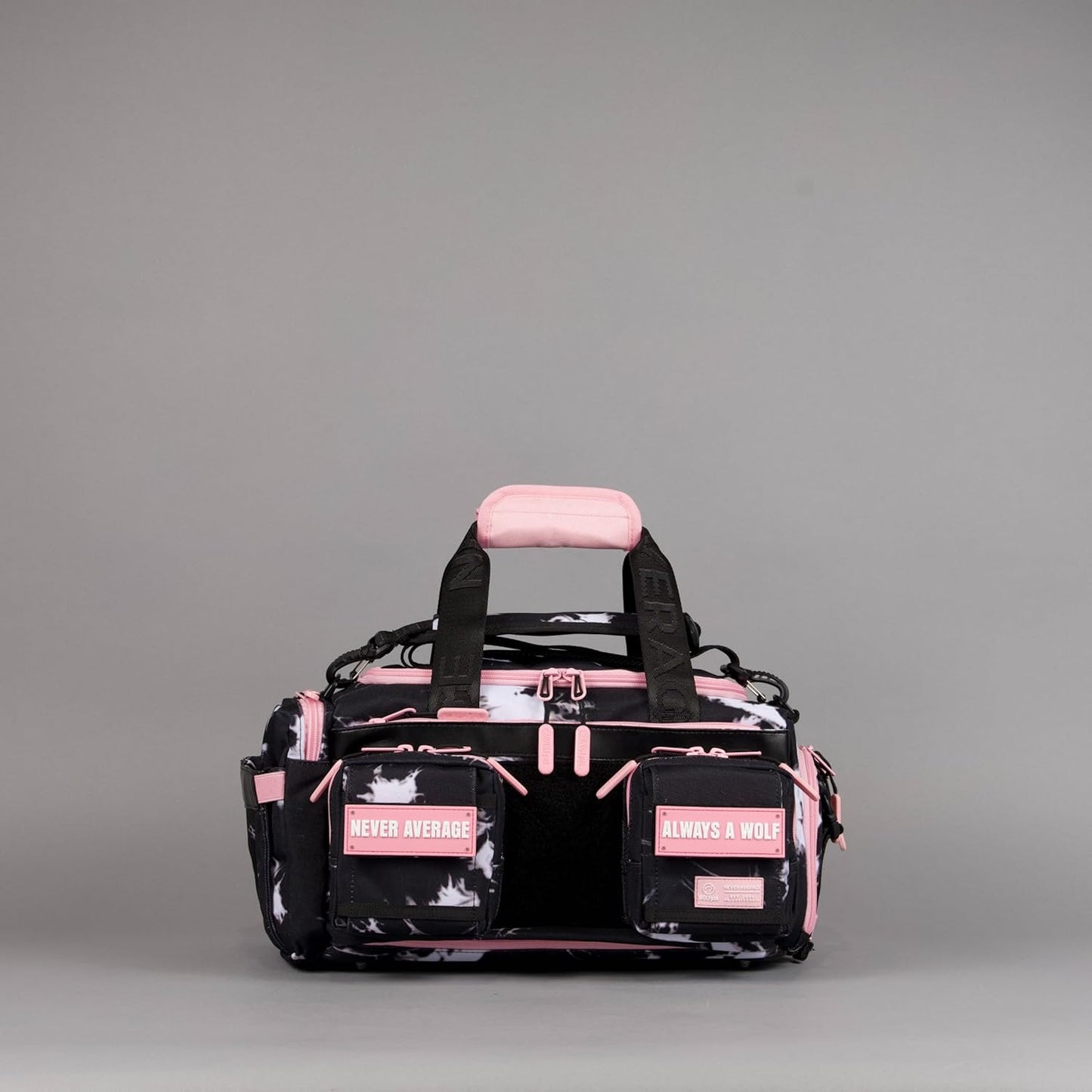 WOLFpak 20L Mini Duffle Bag for Gym & Travel | Waterproof Carry-On Weekender Bag with Shoe Compartment, Hard Bottom, and Tactical Molle System (Black Lightning Knockout Pink)