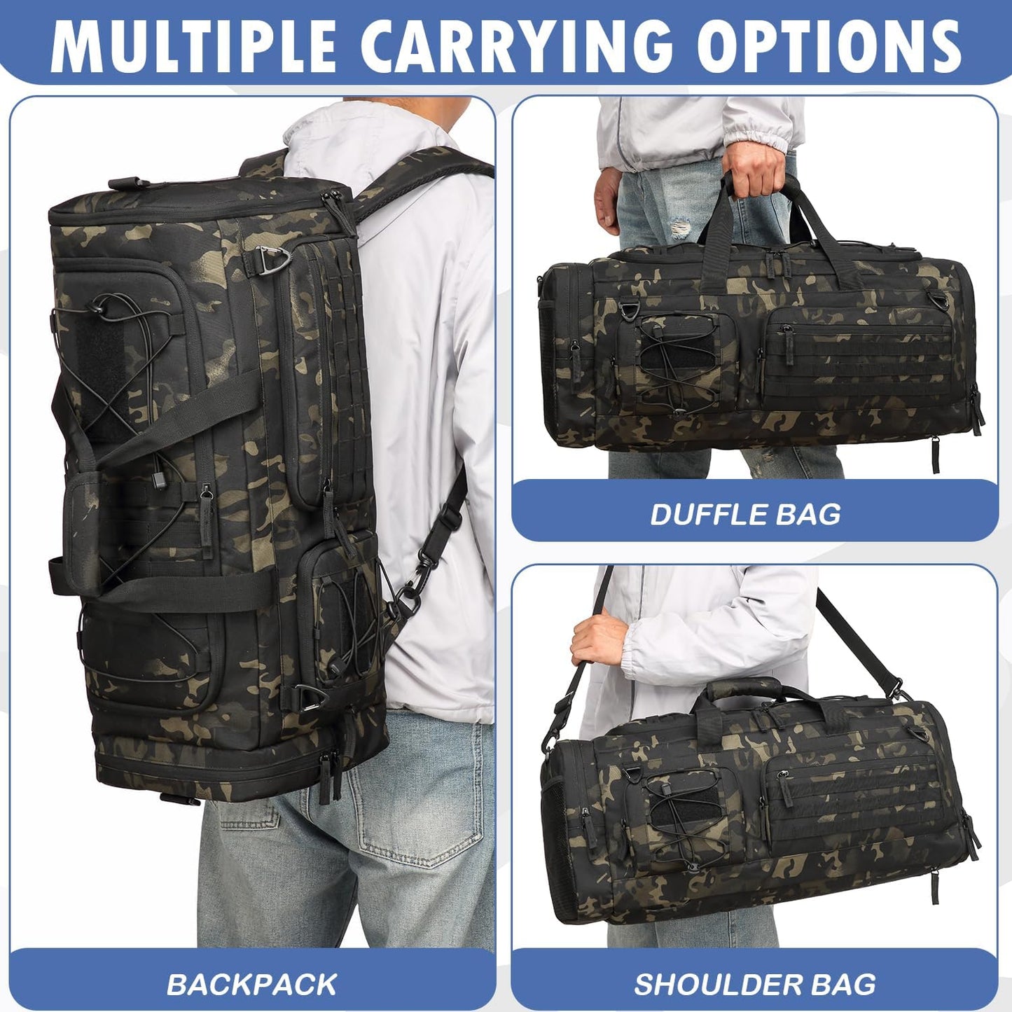 Gym Bag for Men and Women, 50L Extra Large Duffle Bag, 3-in-1 Travel Sports Duffel Bags with Shoe & Laptop Compartment for Overnight Weekender Gym Traveling Workout Deployment, Dark Camo