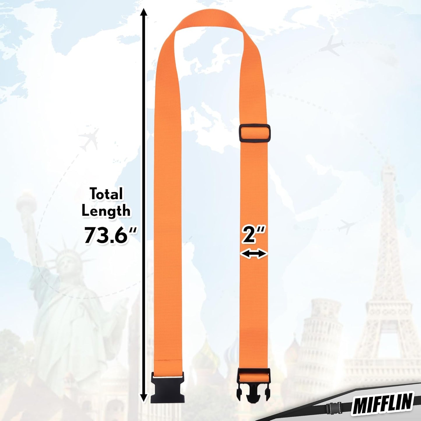 Luggage Straps - Orange, 78" Long, 2 Inches Wide, 4 Pack - Adjustable Nylon Belt for Travel Suitcases & Bags - by Mifflin-USA