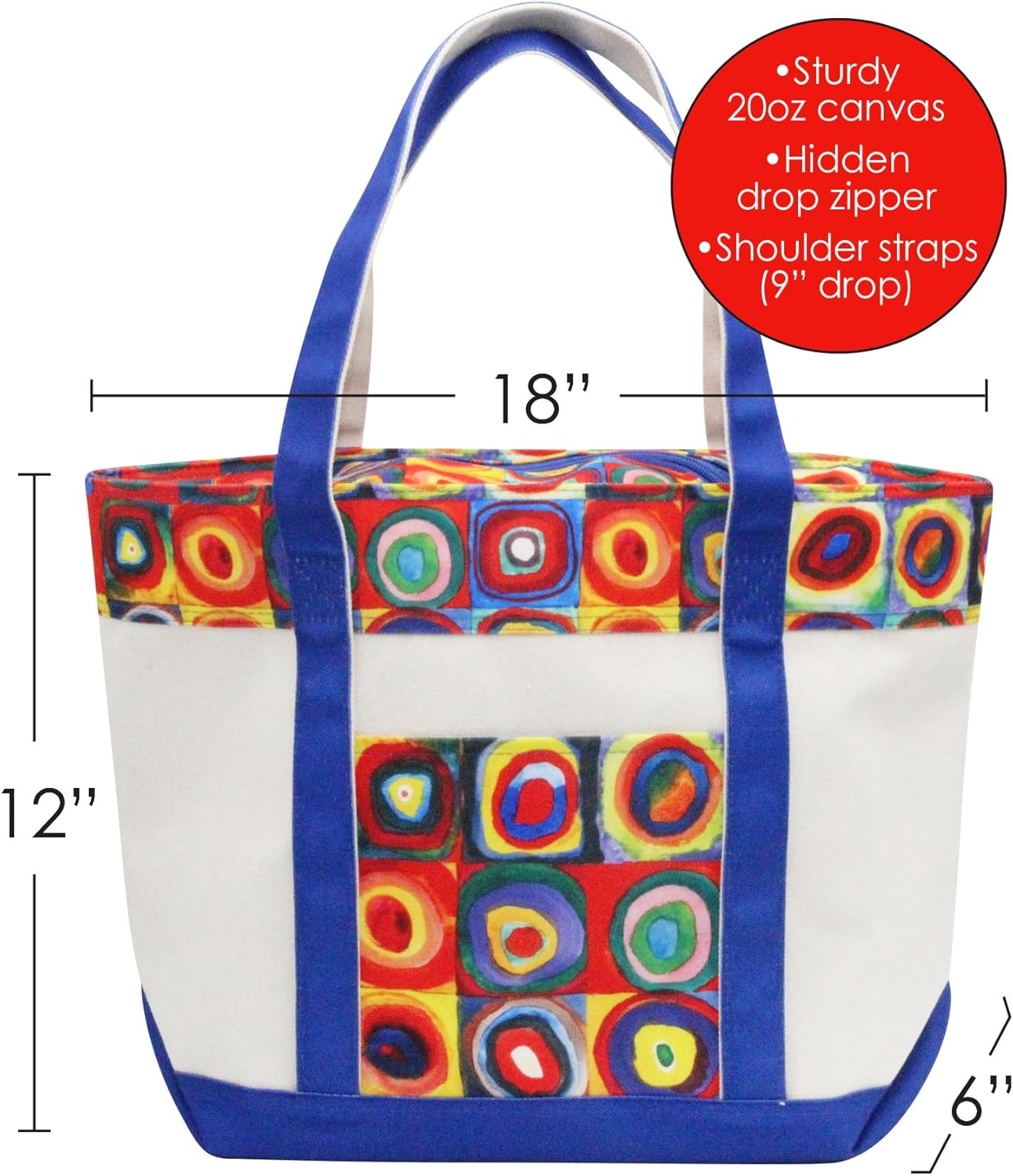 RainCaper Fine Art Large Cotton Canvas Tote Bag Roomy Heavy Duty Sturdy Boat Bag Zippered Top Lots of Pockets Shoulder Straps
