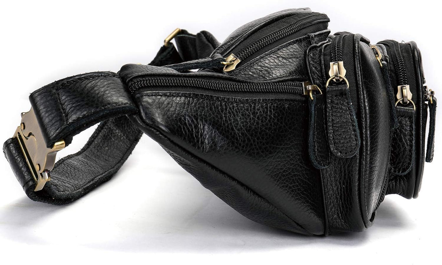 Genuine Leather Fanny Pack large capacity Crossbody Waist Bag with Zipper phone Pockets black