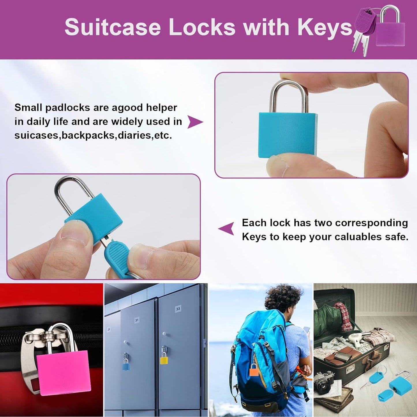 16 Pcs Suitcase Lock with Key,Small Luggage Padlocks Metal Padlocks for Backpack,Multicolor Mini Keyed Padlock,Small Padlock Keyed Padlock Gym Locker Lock for Classroom Matching Game(8 Color)