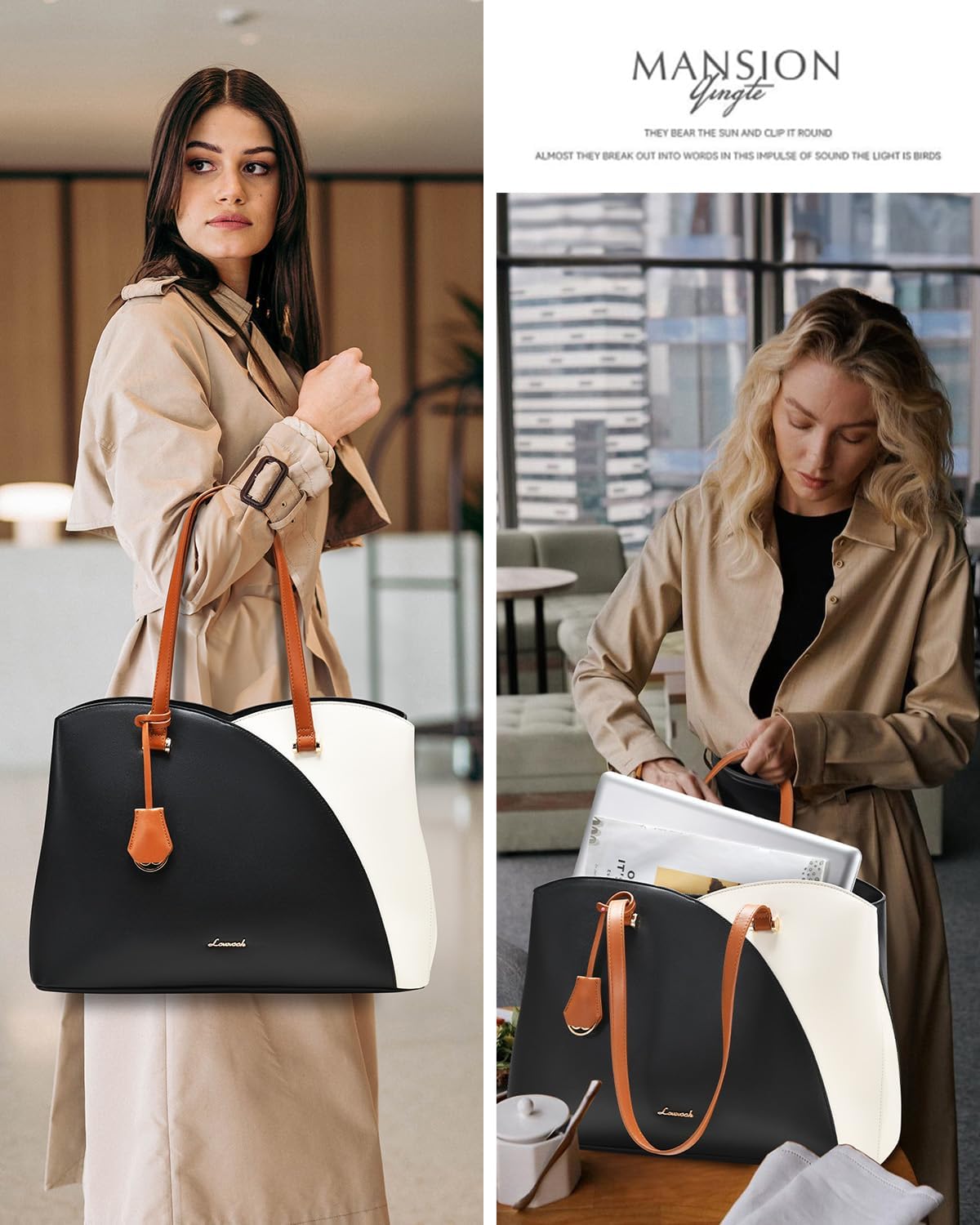 LOVEVOOK Laptop Tote Bag for Women, Work Bags Laptop Bag Teacher Tote Bag, Leather Computer Bag Large Purses Handbag Professional Briefcase, Black-Beige-Brown, 15.6 Inch