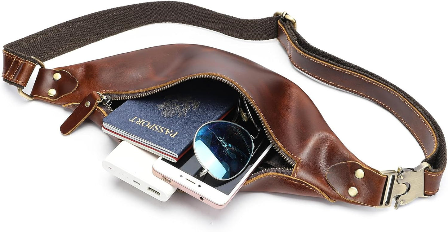 Vintage Genuine Leather Fanny Pack Small Waist Bag Travel Sling Pouch with Adjustable Leather Belt Brown