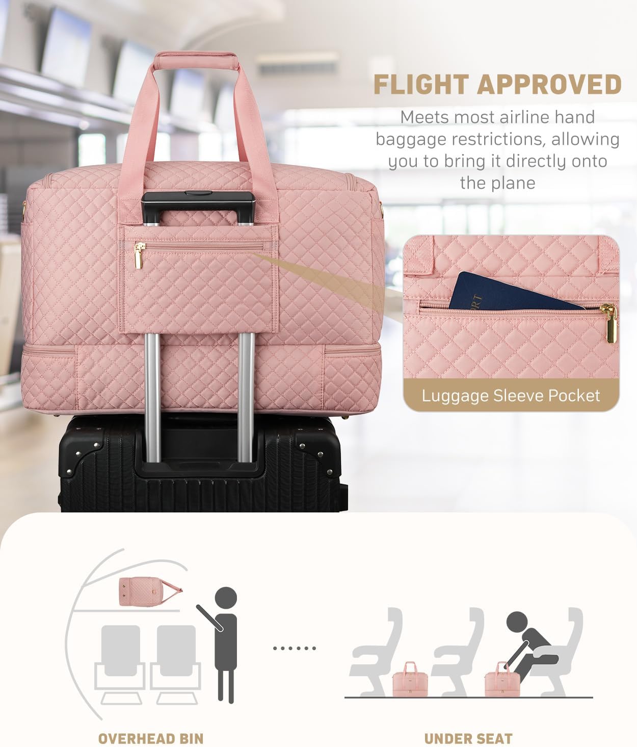 Duffle Bag for Travel, Weekender Bag with Shoe Compartment, Carry On Overnight Bag for Women with Toiletry Bag Duffel Bags with Wet Pocket for Gym Hospital Bags for Labor and Delivery Pink