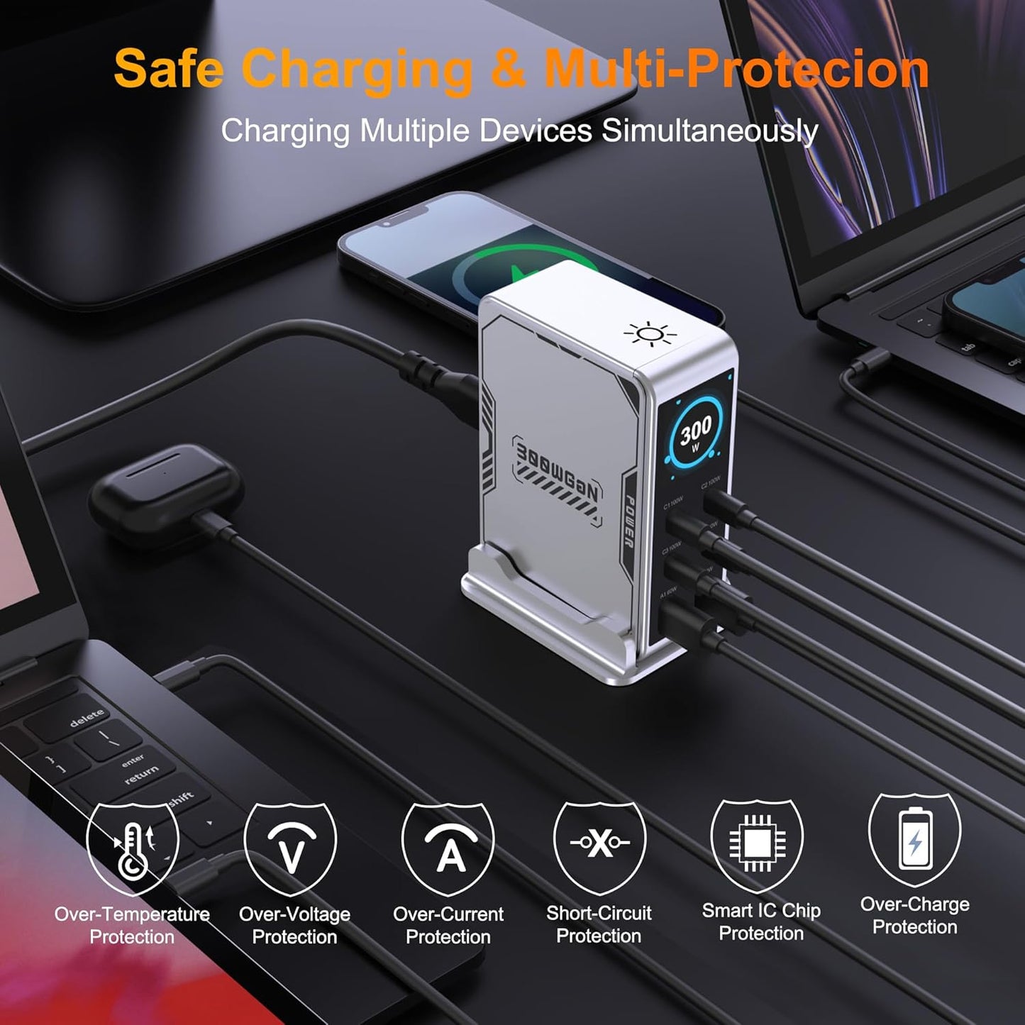300W USB C Charging Station, GaN Tech 6-Ports(4C+2A) Fast Charger, TFT LCD Power Display, PD3.0 100W PPS 45W QC60W for MacBook Pro/Air, iPhone 16/15/14, iPad, Galaxy S25/S24 and More