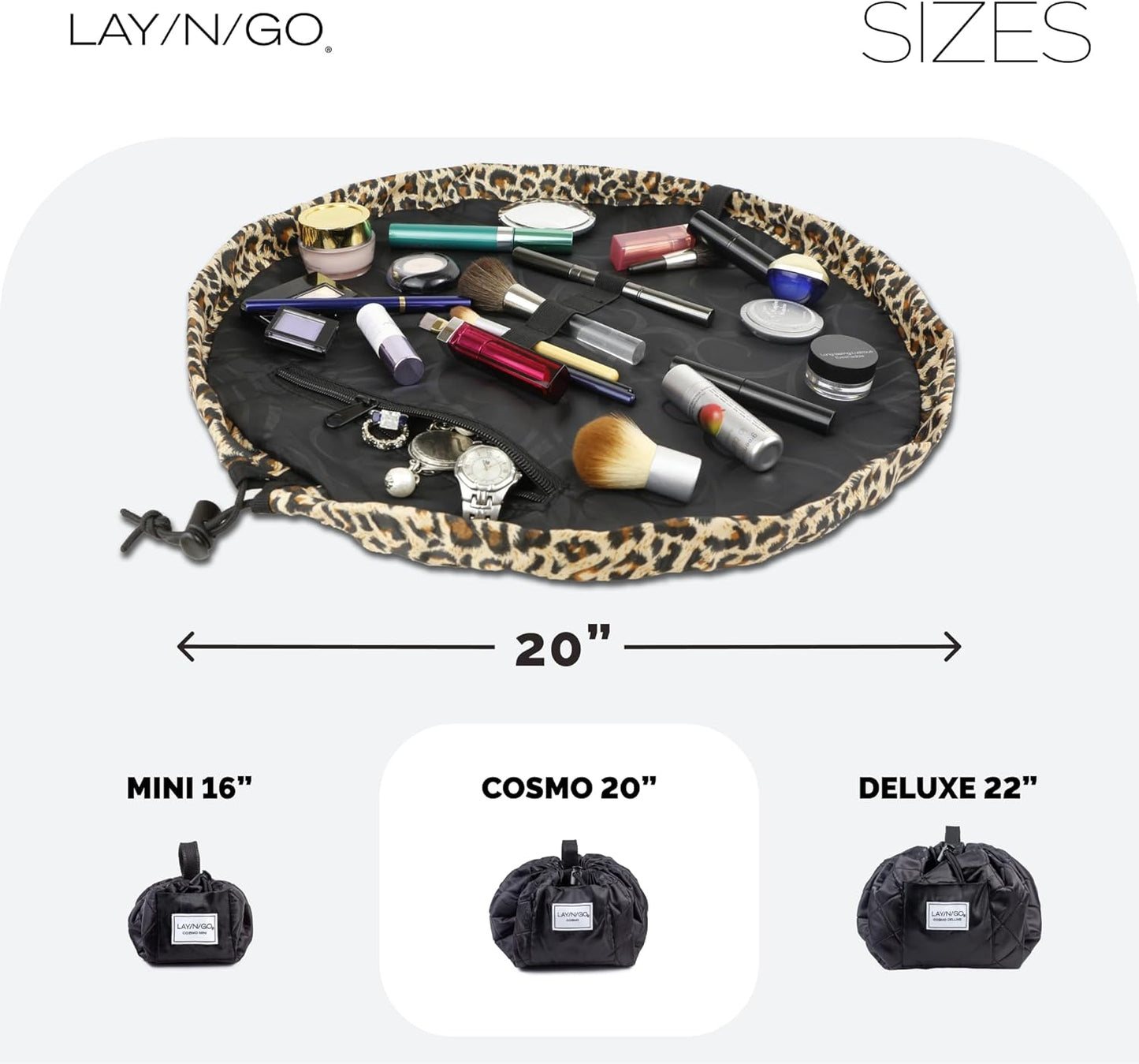 Lay-n-Go Cosmo Layflat Drawstring Cosmetic & Makeup Bag Organizer w/Zipper Pocket, Brush Loops &