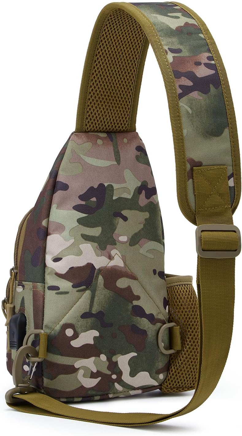 ZHIERNA Tactical Sling Crossbody Backpack with Water Bottle Holder, MOLLE EDC Shoulder Sling Chest Bags with USB Charging Port for Travel Walk(Cp Camouflage)
