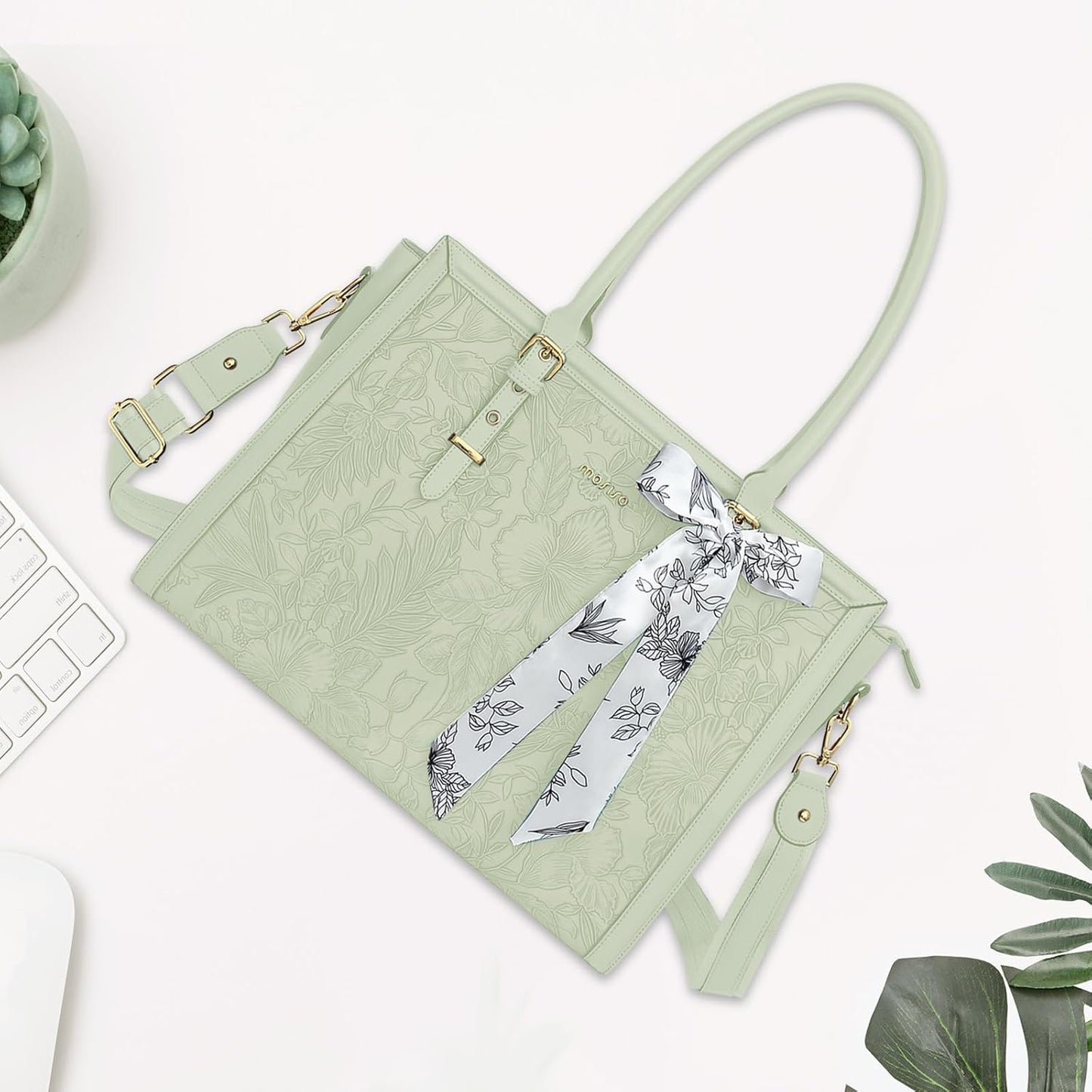 MOSISO Laptop Bag for Women, PU Leather Tote Bag, Front Embossed Retro Hibiscus Computer Bags with Silk Scarf&Clutch Purse