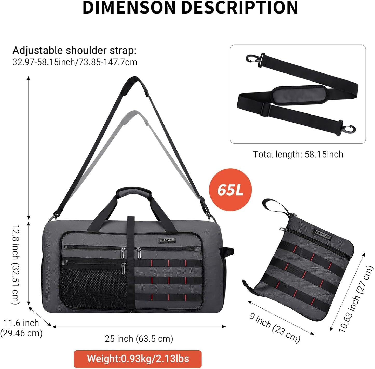 WITZMAN Foldable Duffle Bag for Travel 65L Lightweight Packable Duffel Bag with Shoes Compartment Overnight Bag for Men Women (B697 Silvery Grey)
