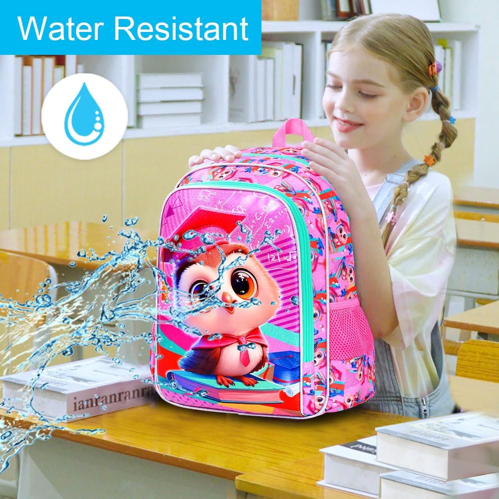 3PCS Owl Bookbag for Girls, 16" Kids Backpack with Lunch Box, Water Resistant Elementary Preschool Toddler School Bag - Pink Dr. Owls