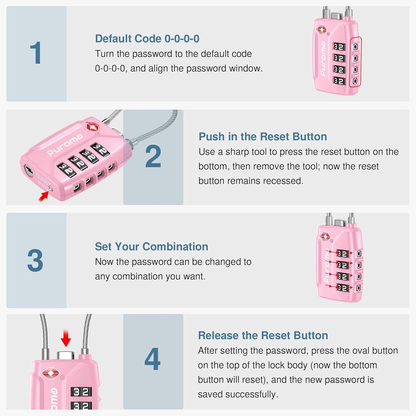 Puroma 2 Pack TSA Approved Luggage Locks, 4 Digit Combination Travel Locks Resettable Code Lock with Zinc Alloy Body for Suitcase, Toolbox, Backpack, Bag, Gym Locker (Pink)