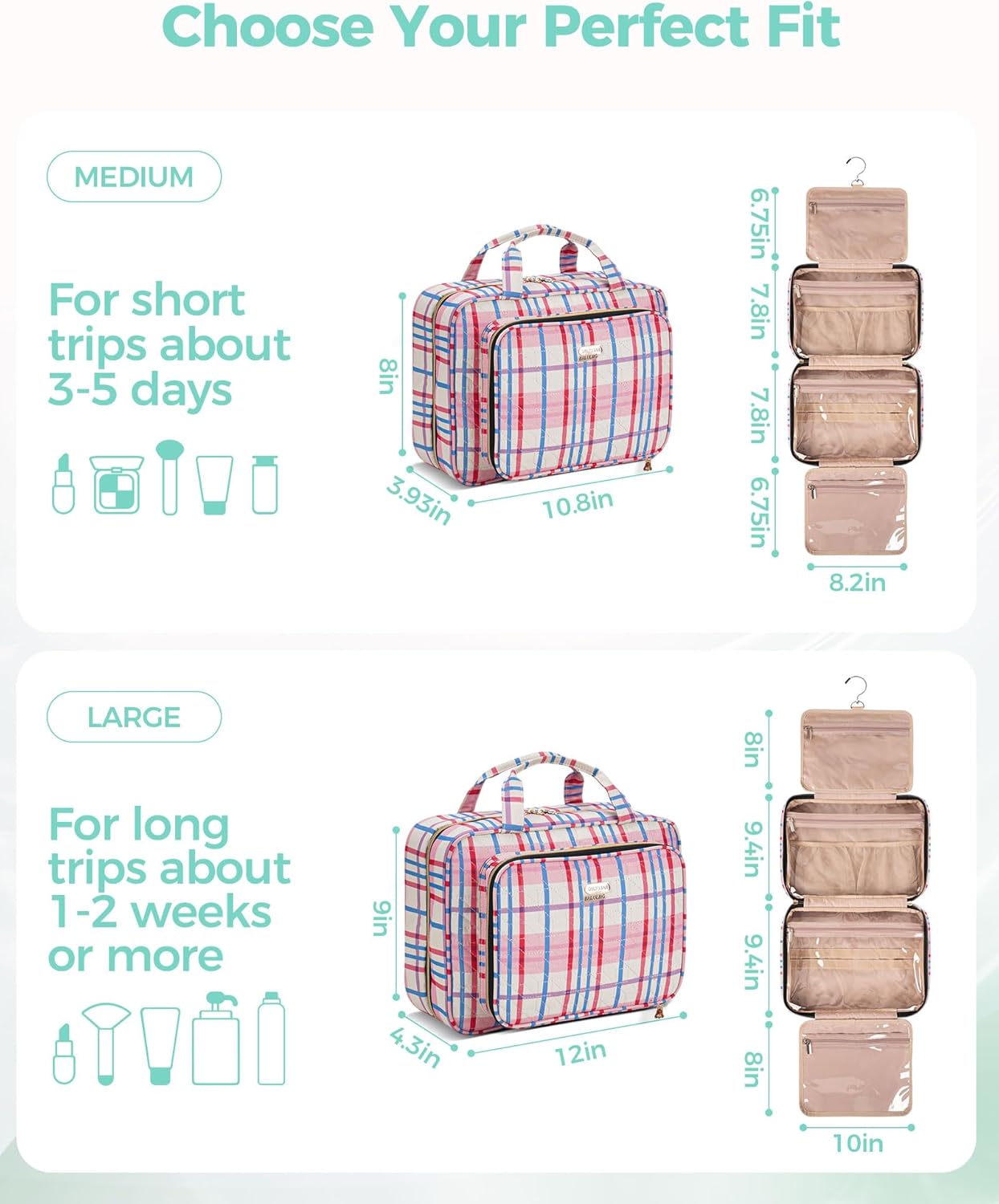 Travel Hanging Toiletry Bag for Women,Makeup Bag Cosmetic Organizer Waterproof with Hanging Hook Multiple Pockets for Women Travel Essentials Plaid Red