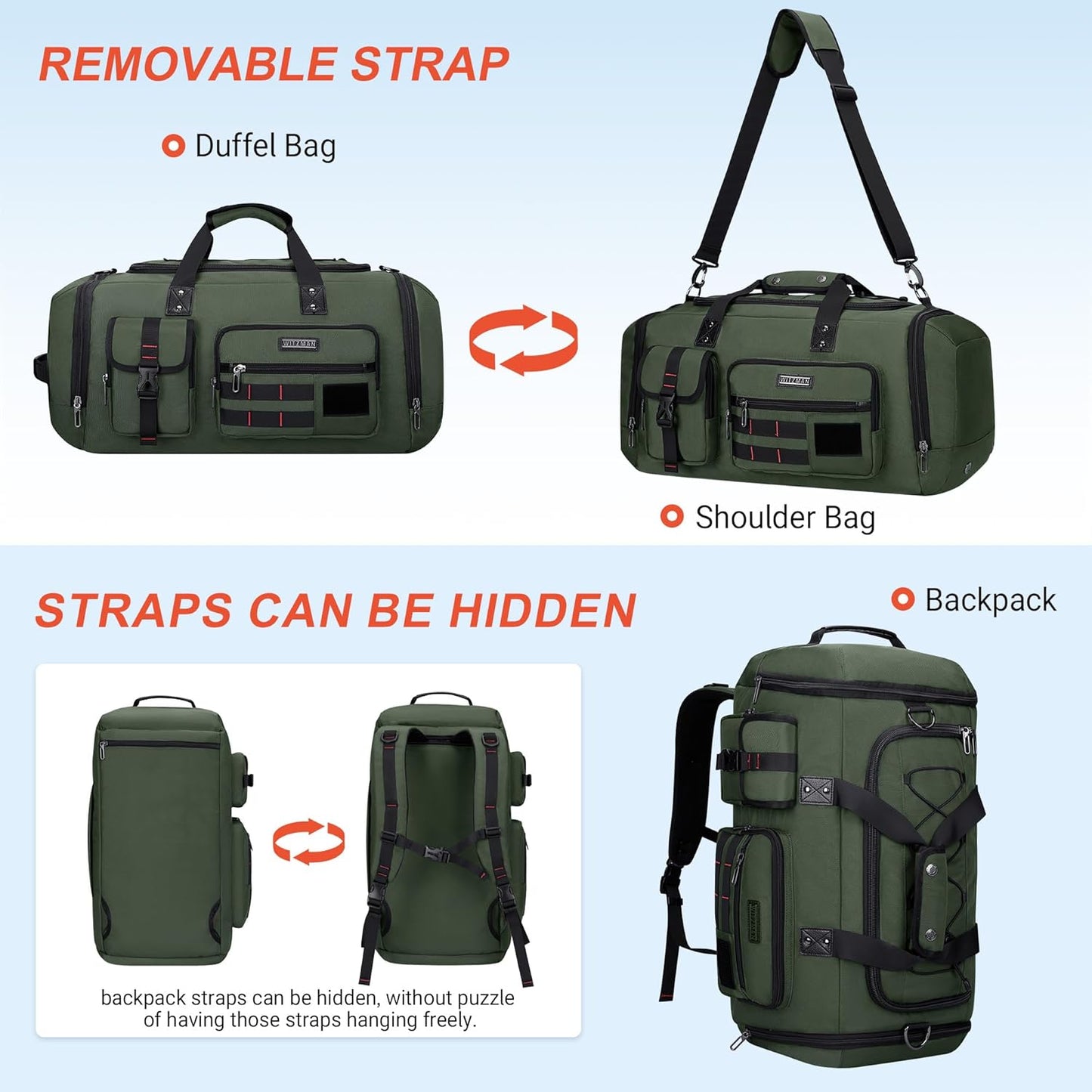 WITZMAN Travel Duffel Bags for Men Large Carry On Weekender Overnight Bag 3 in 1 Backpack with Shoe