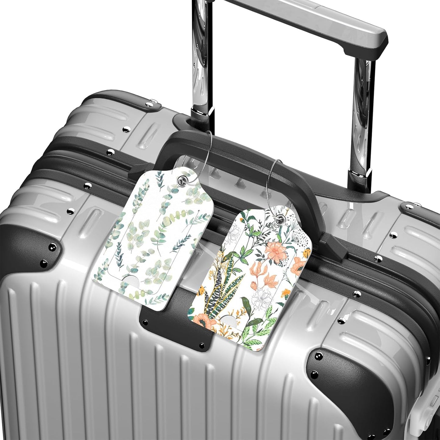 2 Pack PU Leather Luggage Tags for Suitcase, Travel Cruise Luggage Tag with Privacy Flap, Name ID Label and Metal Loop for Women Men Baggage Handbag School Bag Backpack, Flower Leaves