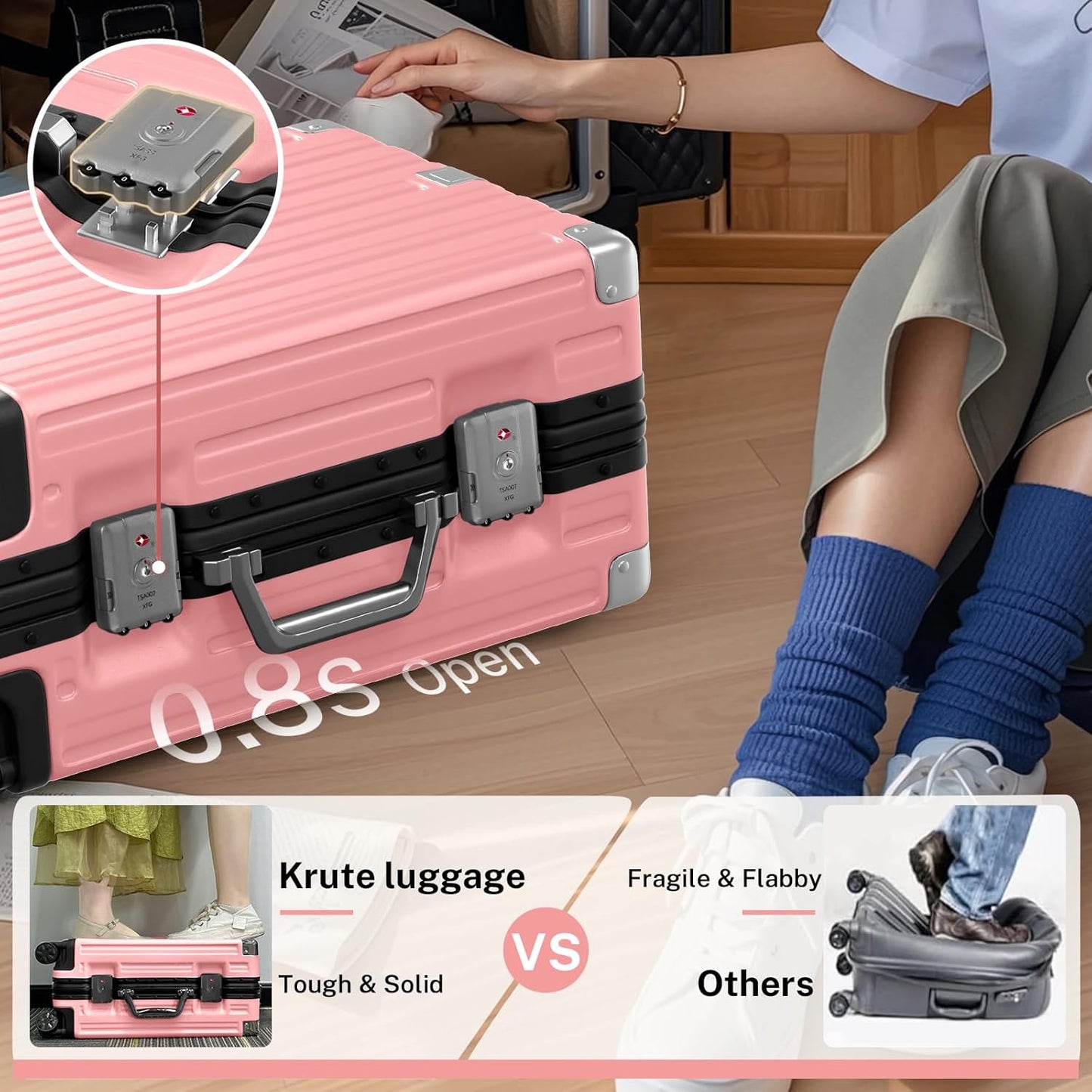Krute Carry On Luggage 20 inch Aluminum Frame Suitcase with Spinner Wheels No Zipper Hardshell PC+ABS Luggages TSA Lock Zipperless Suitcases