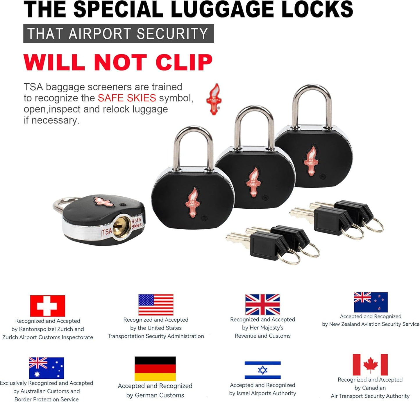 4-Pack Black TSA Approved Luggage Lock for Suitcases, Carry-On Bags, Backpacks & Laptop Cases