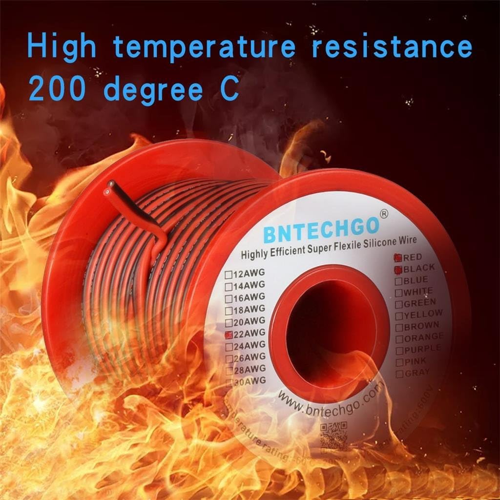 BNTECHGO 22 Gauge Flexible 2 Conductor Parallel Silicone Wire Spool Red Black High Resistant 200 deg C 600V for Single Color LED Strip Extension Cable Cord,Model,50ft Stranded Tinned Copper Wire