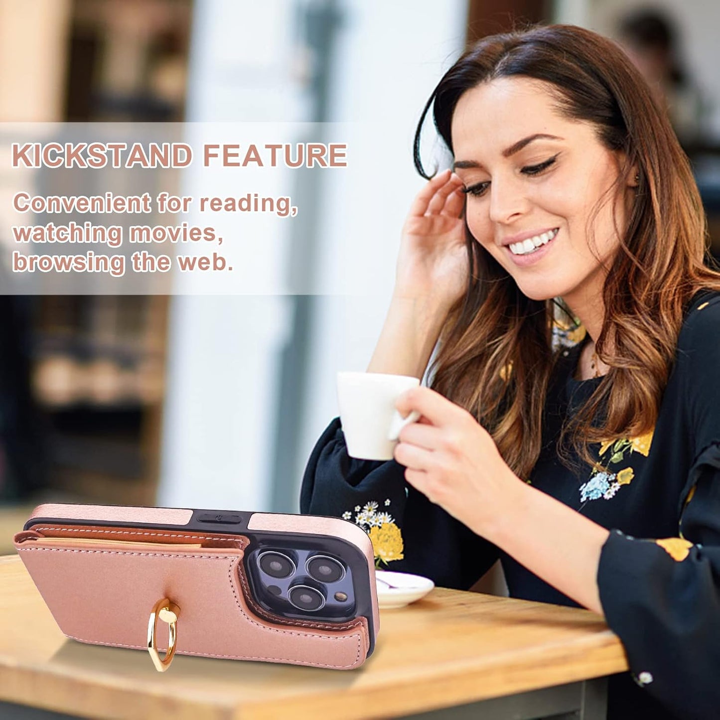Folosu Compatible with iPhone 14 Pro Case Wallet with Card Holder, 360°Rotation Finger Ring Holder Kickstand, RFID Blocking Leather Protective Double Buttons Shockproof Cover 6.1 Inch Rose Gold