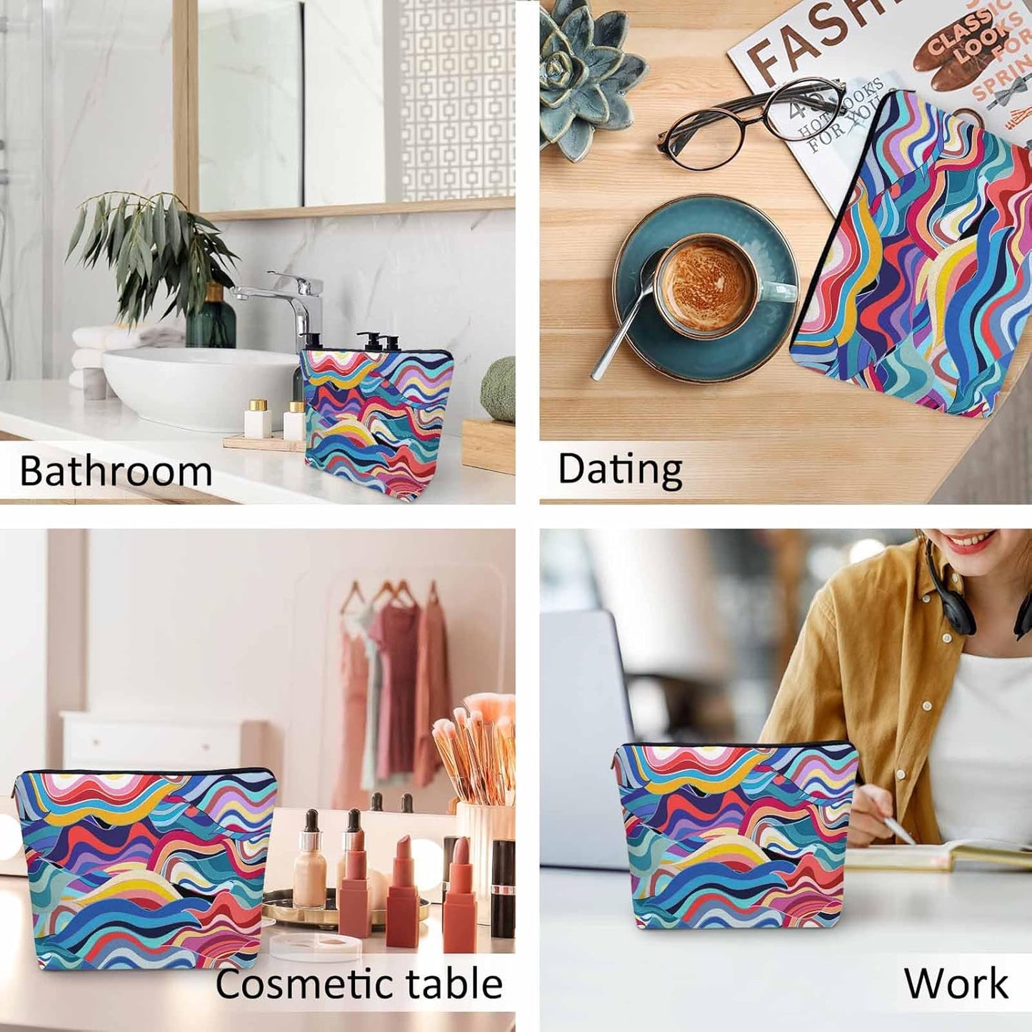 Ocean Waves Makeup Bags Makeup Organizer, Abstract Rainbow Waves Ocean Sea Flax Toiletry Bags Travel Cosmetic Bag Makeup Purse Pouch Skincare Bag Wallet Bags For Women Female Mom Daughter