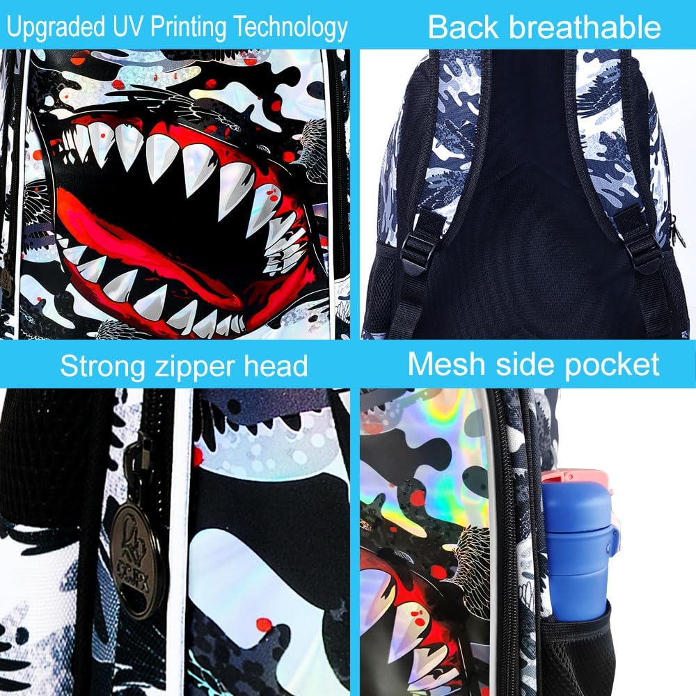 3Pcs Boys Backpack, 16" Shark Bookbag for Elementary Preschool Kindergarten, Kids School Backpacks with Lunch Box(Black)