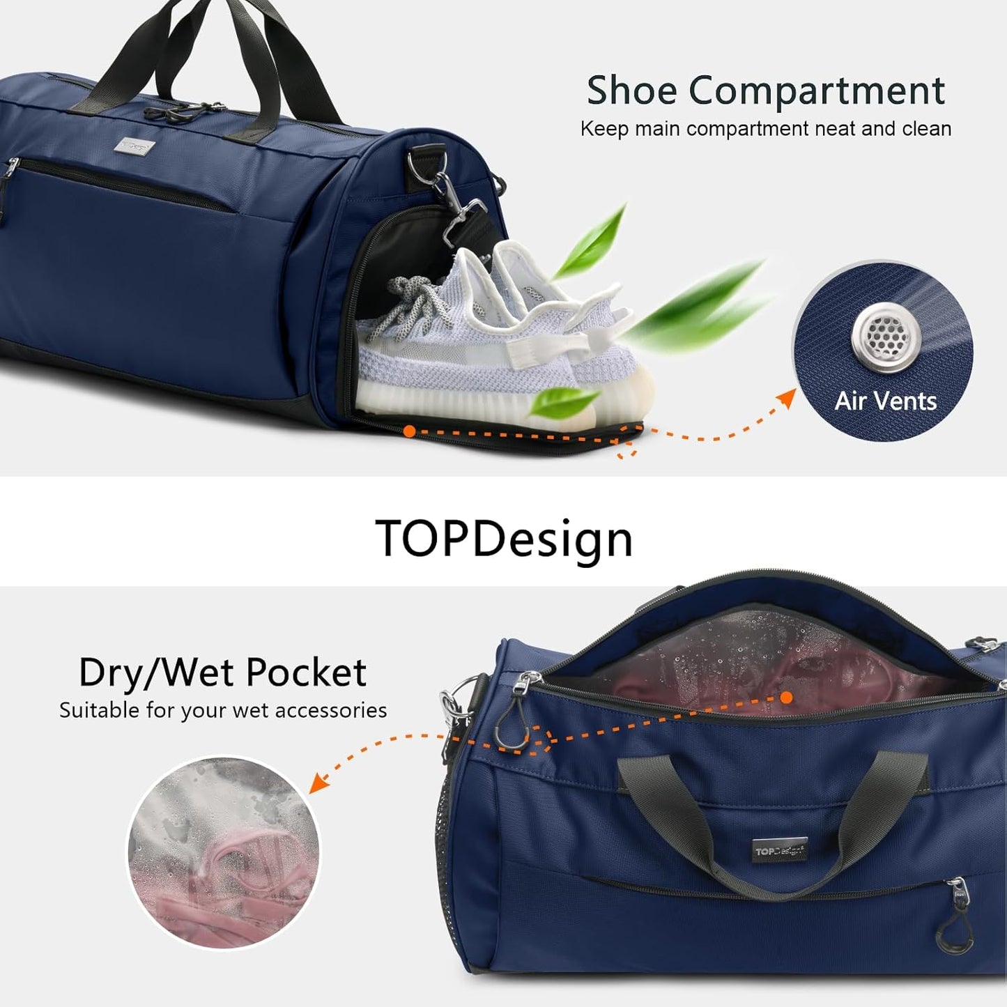 TOPDesign Gym Bag for Women & Men, Unisex Duffel Bag with Shoe Compartment & Wet Pocket for Travel