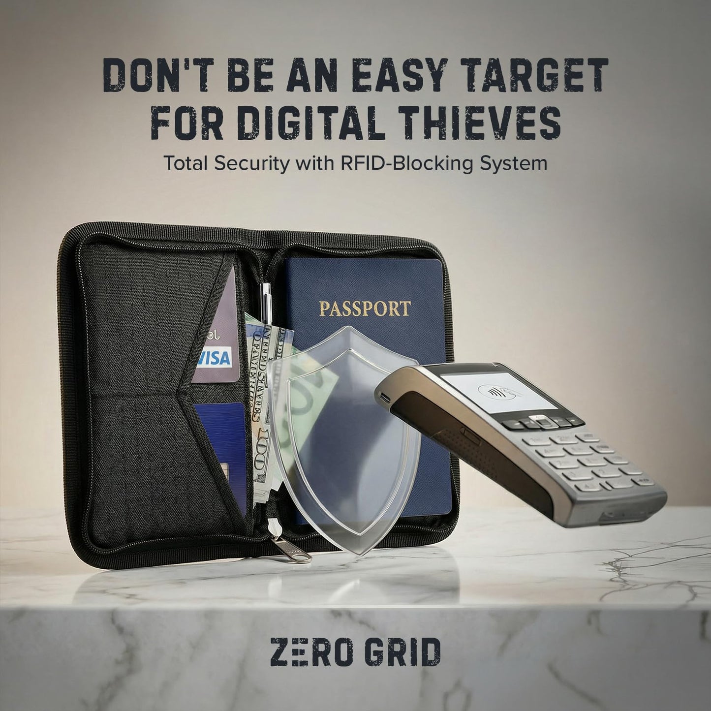 Zero Grid RFID Passport Holder for Passports & Cards, Zippered, Black