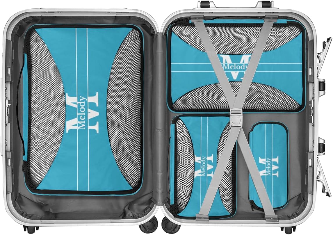 Custom 4 Packing Cubes Set, Lightweight Mesh Travel Luggage Organizers for Travel, Lake Blue Initial Letter 4 Pieces Suitcase Storage Bags