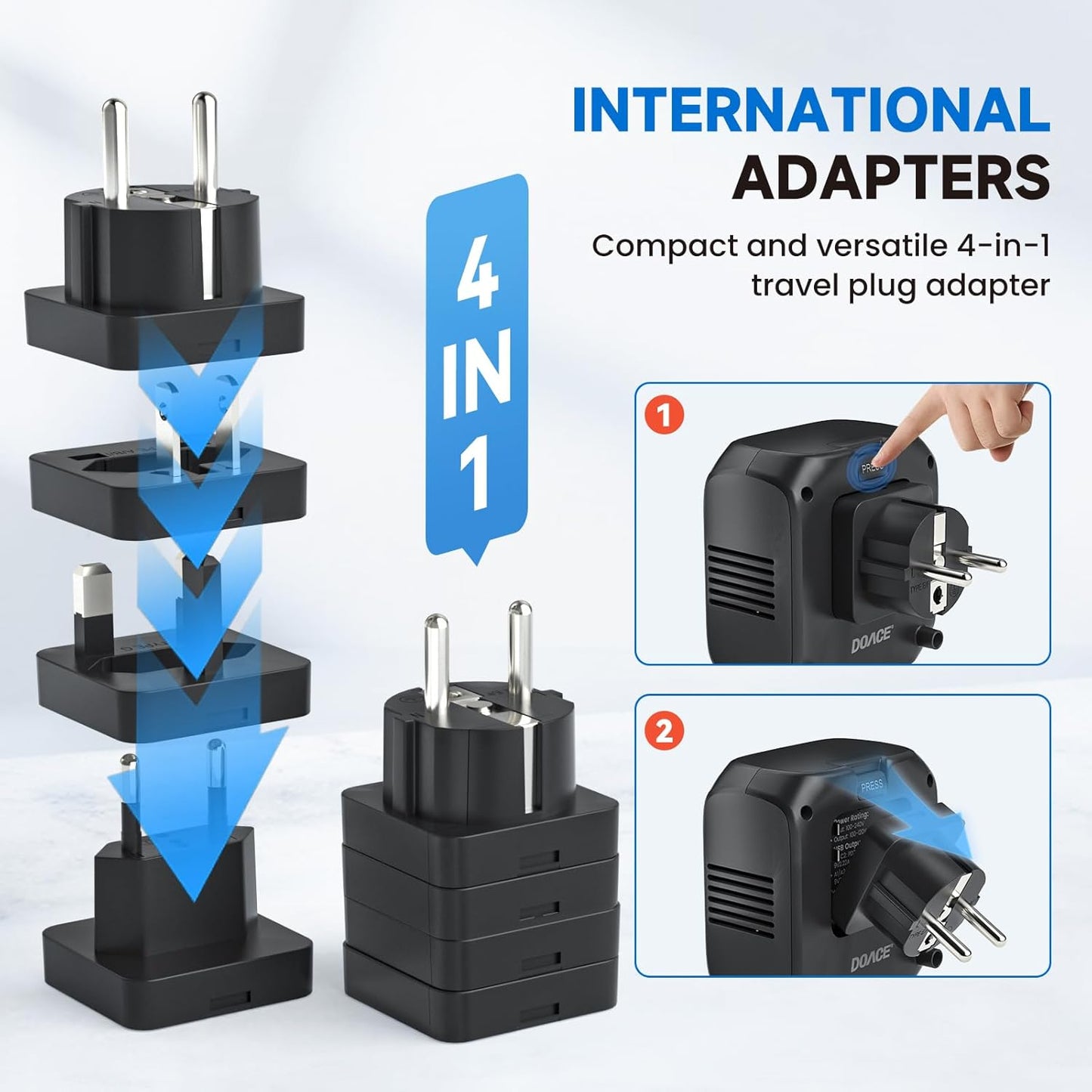 DOACE 220V to 110V Voltage Converter US to Europe, 2000W Travel Voltage Converter for Hair Dryer Straightener Curling Iron,10A Power Adapter with PD20W 2USB and UK/EU/AU Plugs, Black