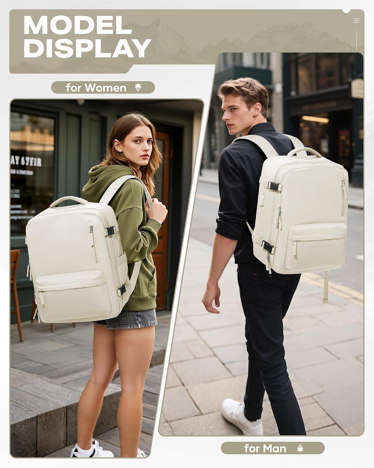 Travel Vacuum Backpack for Women Men, 33L Large Carry on Luggage Spirit United Flight Approved, 18×14×8IN Personal Item Travel Bag with Wet Dry Separation Pocket USB Charging, Beige