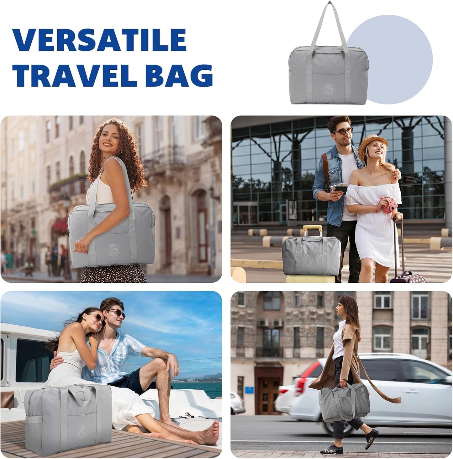 Weekender Bags for Women, Travel Duffel Bags, Water Resistant Personal Item/Carry Bag, Carry on Overnight Bag, Foldable Gym Bag for Travelling, Sports (Gray)