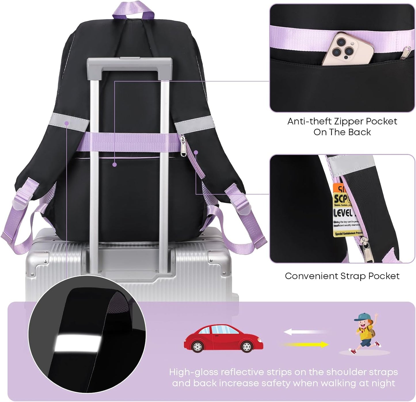 3PCS Backpack For School Women College Middle High Teen Girls Student Bookbag Waterproof Laptop Bag Black Purple